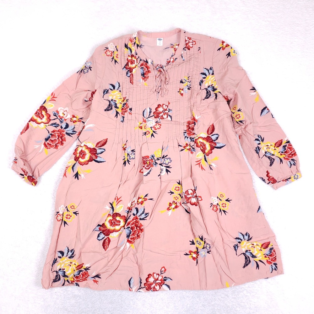 Old Navy Dress Womens Large L Pink Floral Pintuck Long Sleeve Boho Tunic Mini